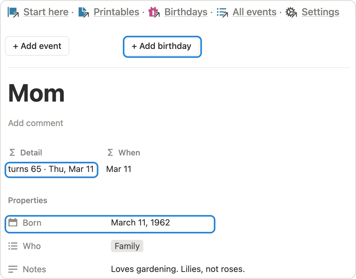 The + Add birthday button and a birthday page with the birth date and age marked