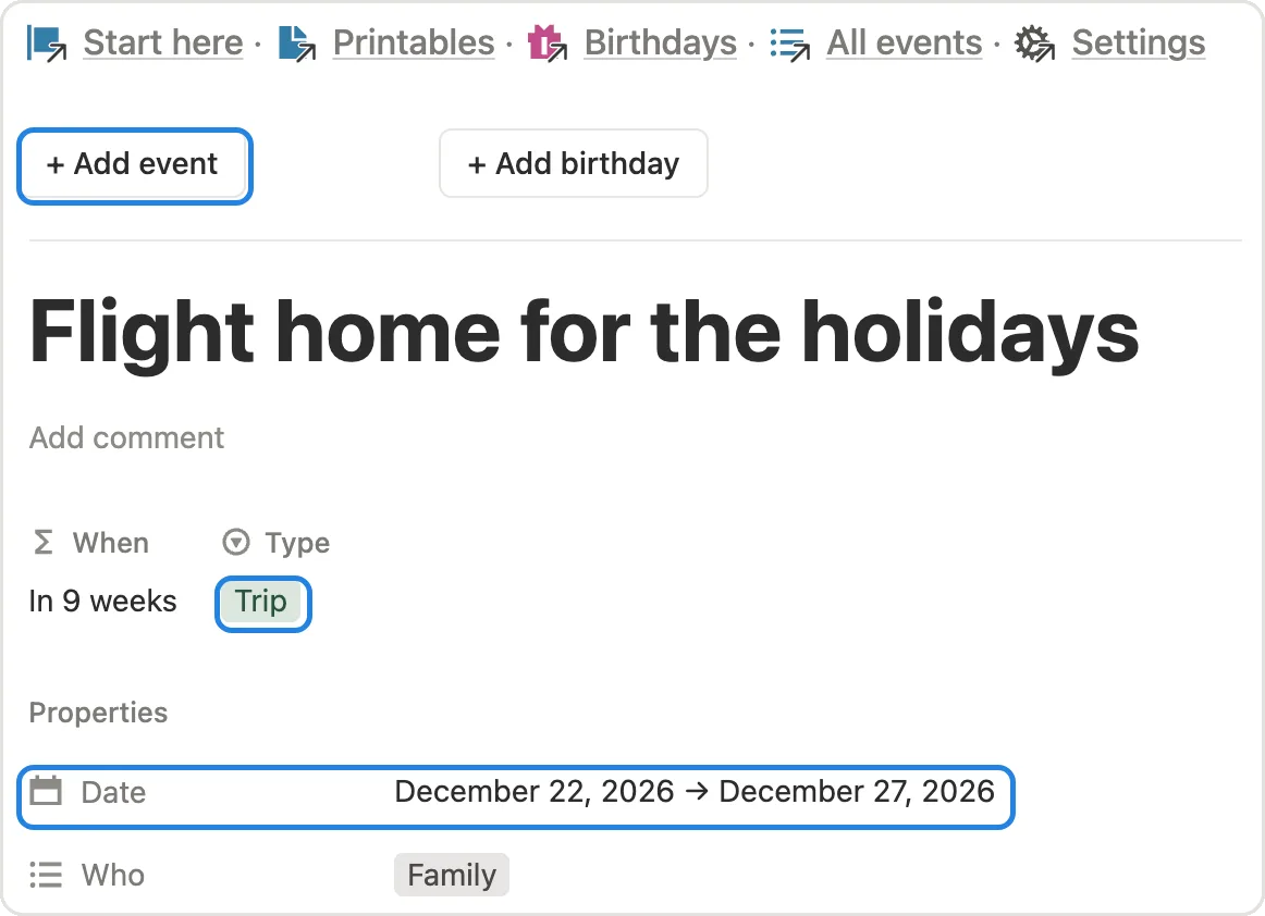 The + Add event button and a new event page with its Type and Date marked