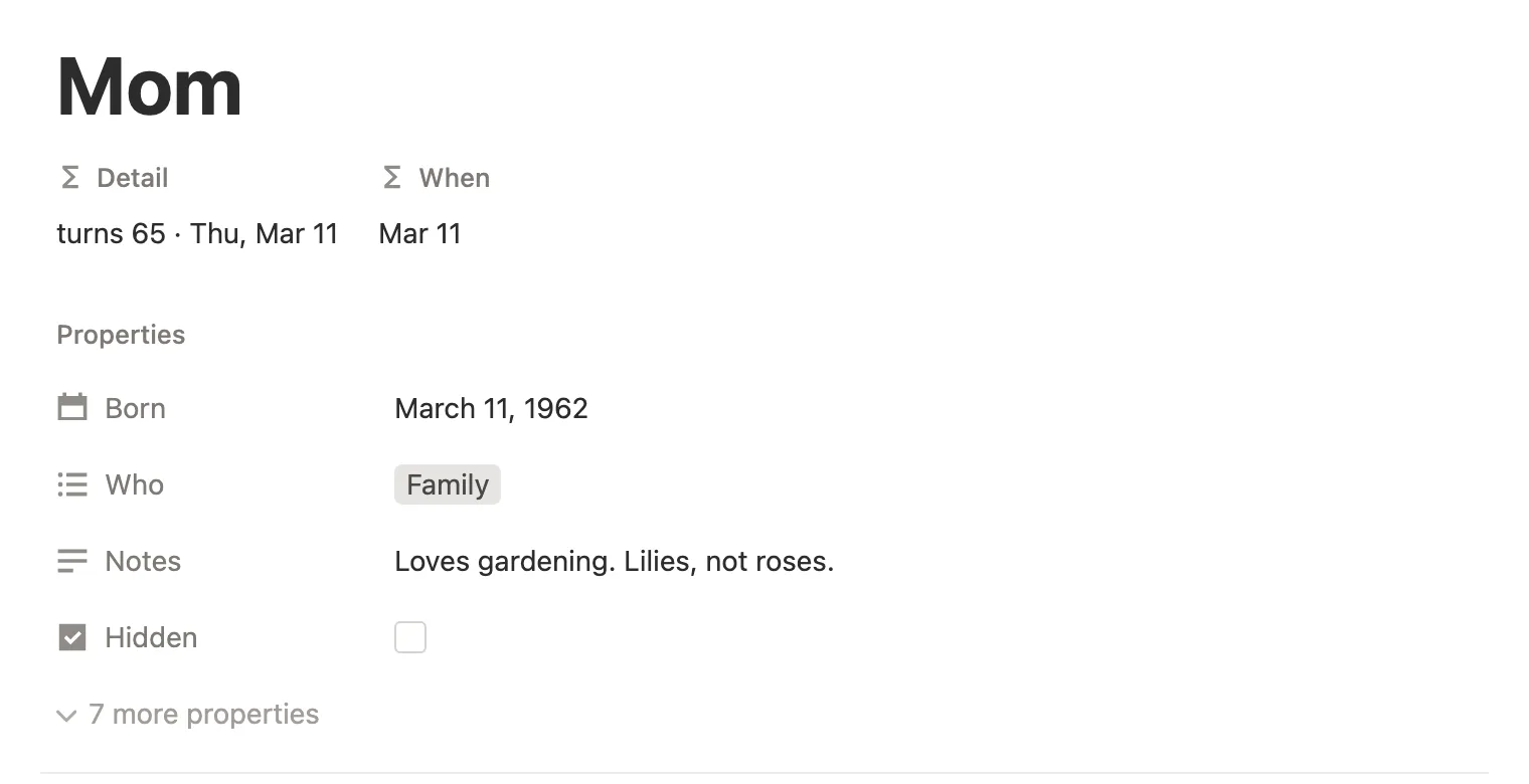 A birthday page for Mom: turns 65 on Thursday, March 11, with her birth date, Family and a gift note