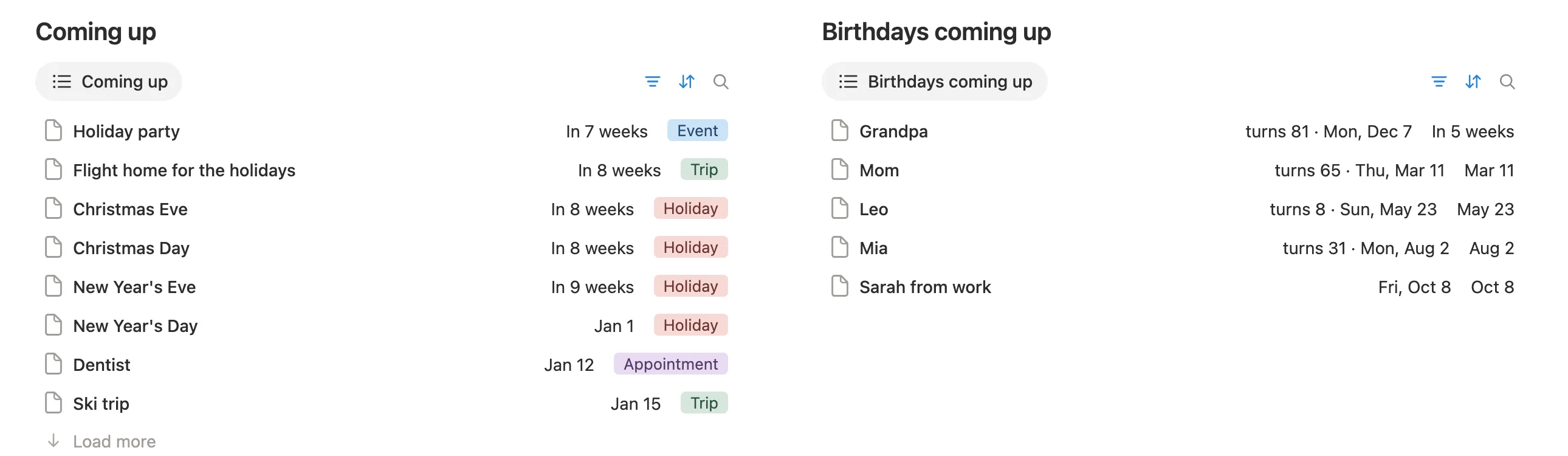 Coming up with events, trips and holidays, and Birthdays coming up with the age each person turns