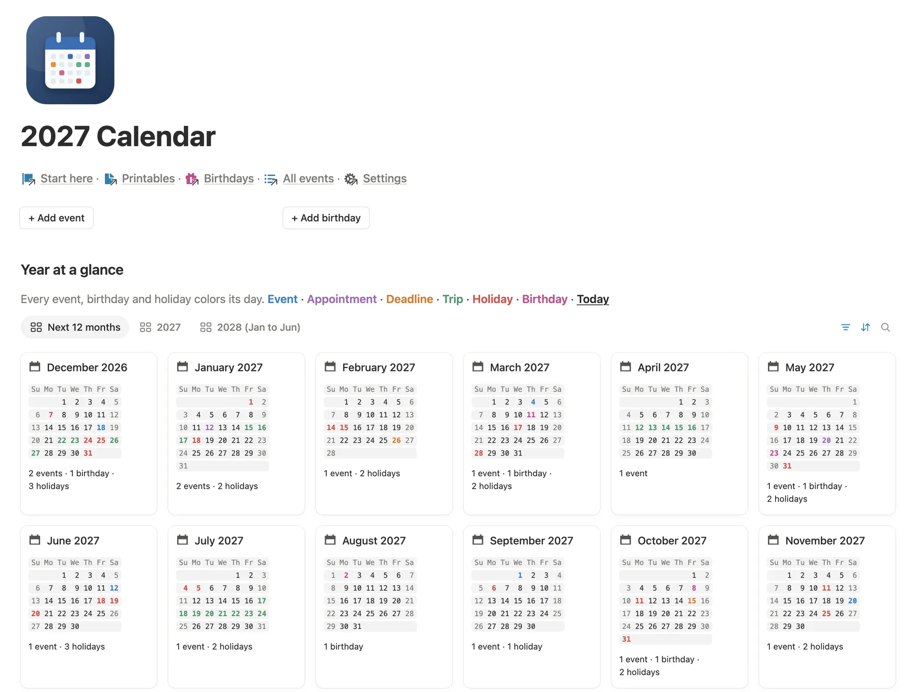 The main page of the Notion yearly calendar: buttons to add events and birthdays above Year at a glance