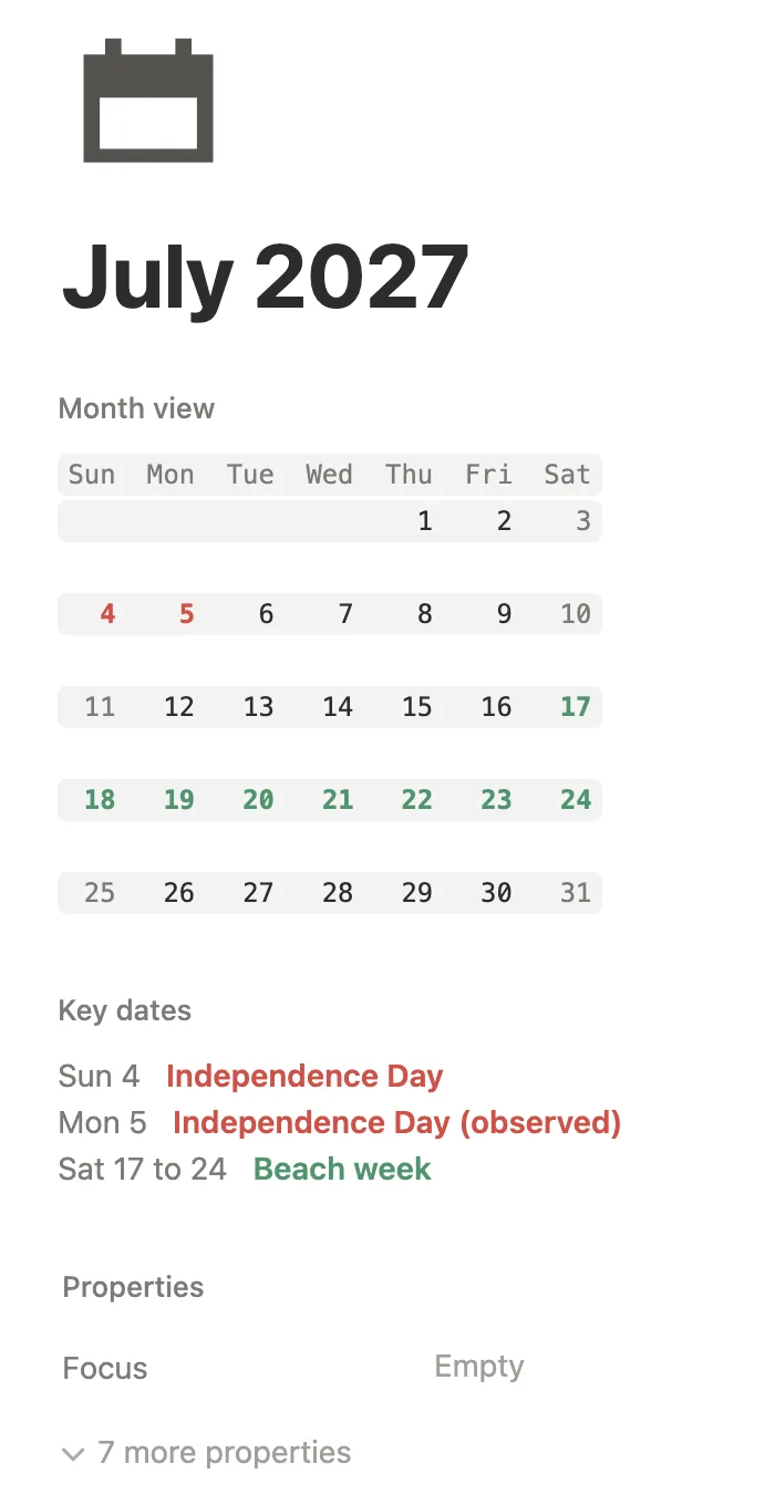 The July 2027 month page with Independence Day, its observed day and a beach week in the key dates