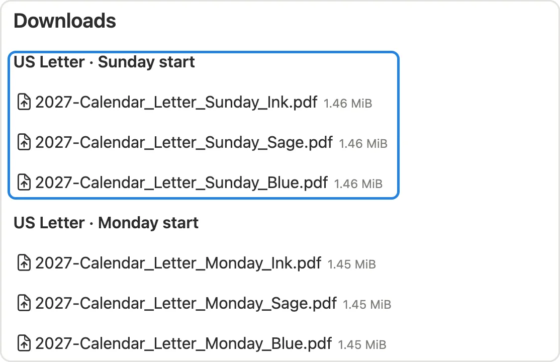 The Printables downloads with the US Letter Sunday group marked