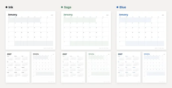 Three printable calendar themes, Ink, Sage and Blue, each with a January page and a 2027 year page