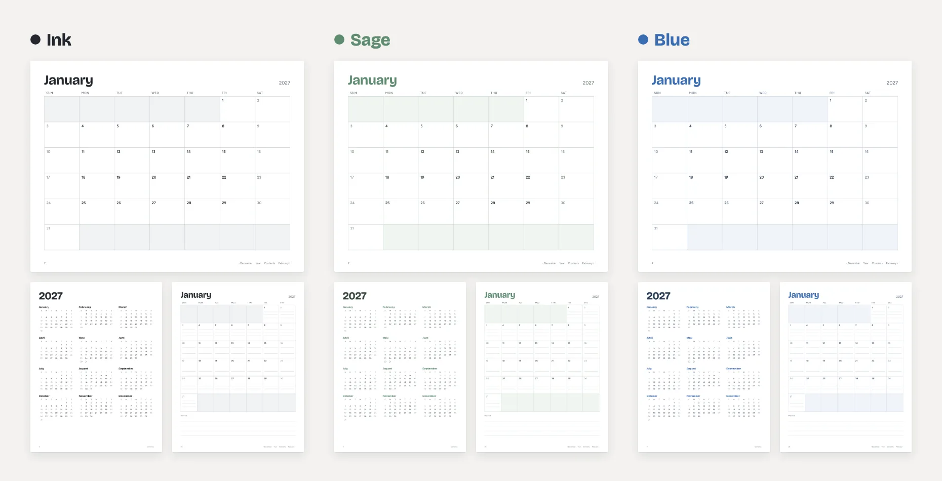 Printable January pages and 2027 year pages in the Ink, Sage and Blue colors
