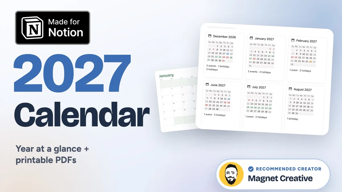 Cover of the 54 second video tour of the 2027 Calendar for Notion