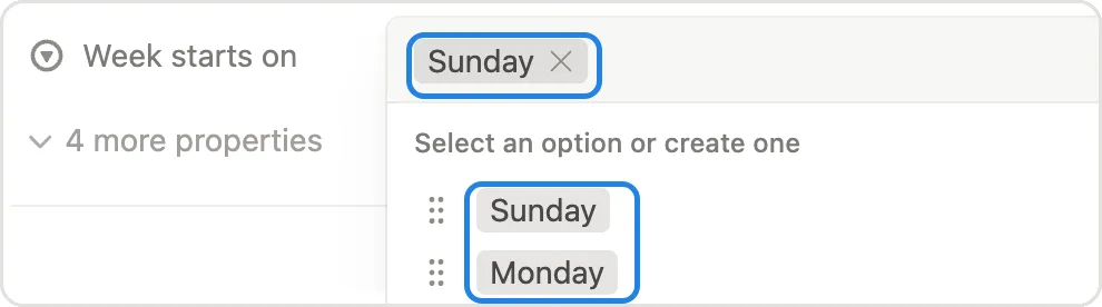 The Settings page with the Week starts on choice of Sunday or Monday marked