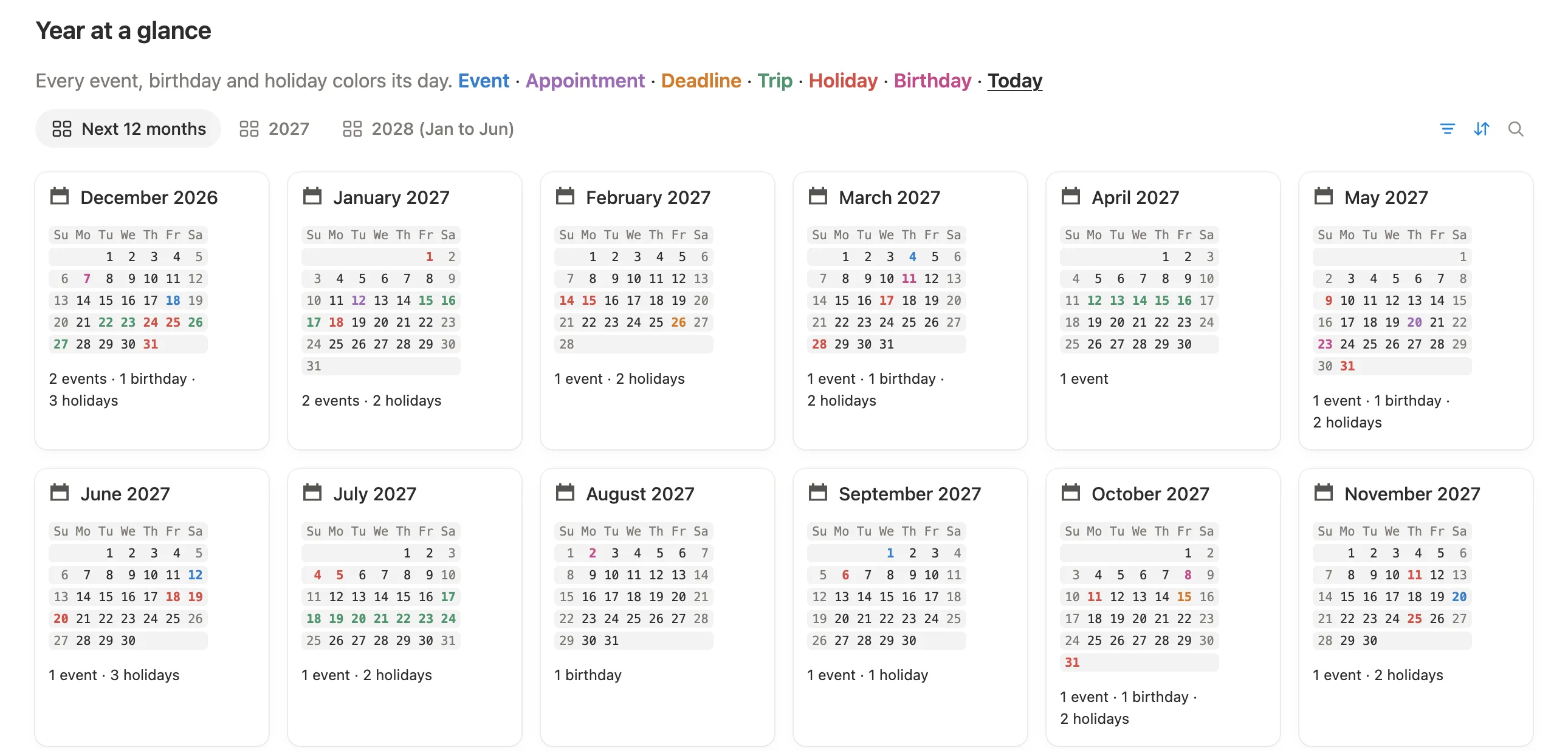 Year at a glance: twelve month calendars from December 2026 with days colored by type