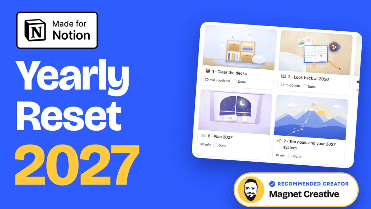 Cover of the 50 second video tour of the Notion yearly review template for 2027