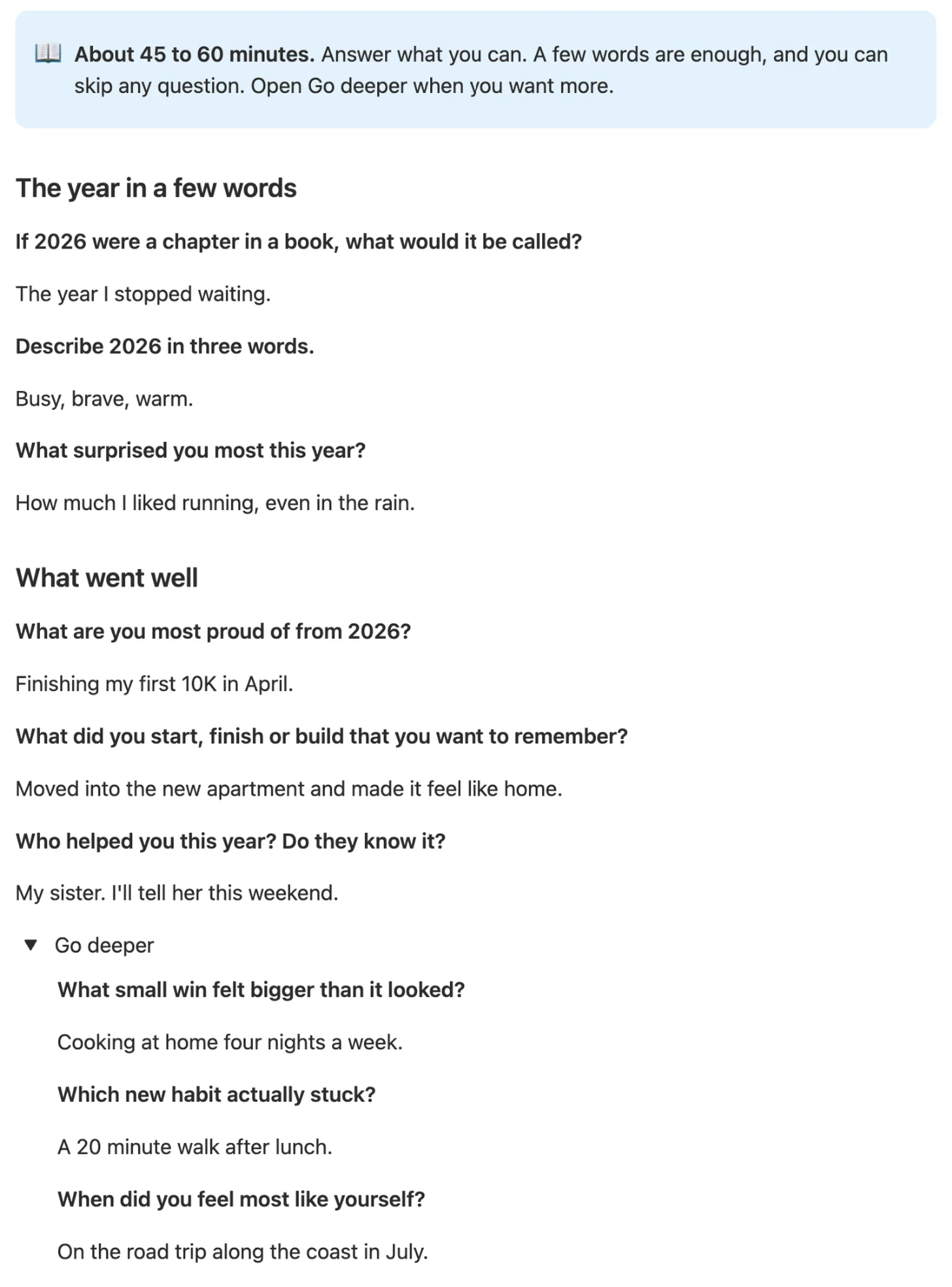 Look back at 2026 with short answers under The year in a few words and What went well, and a Go deeper toggle