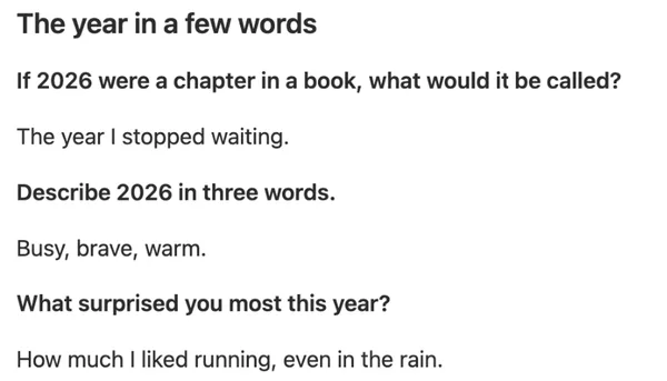 Look back questions with short answers, like If 2026 were a chapter in a book, what would it be called