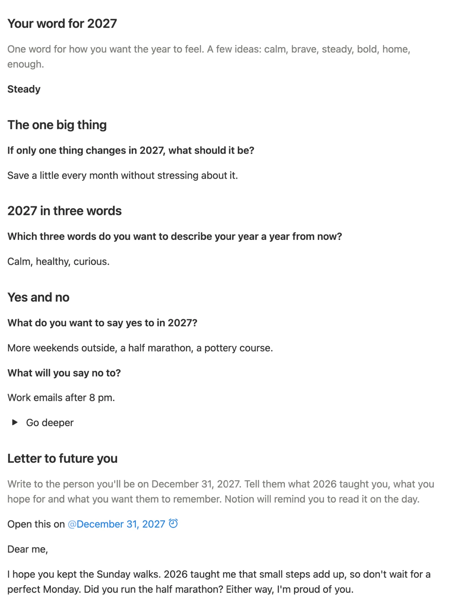 Plan 2027 with the word Steady, the one big thing, three words, yes and no, and a letter to future you