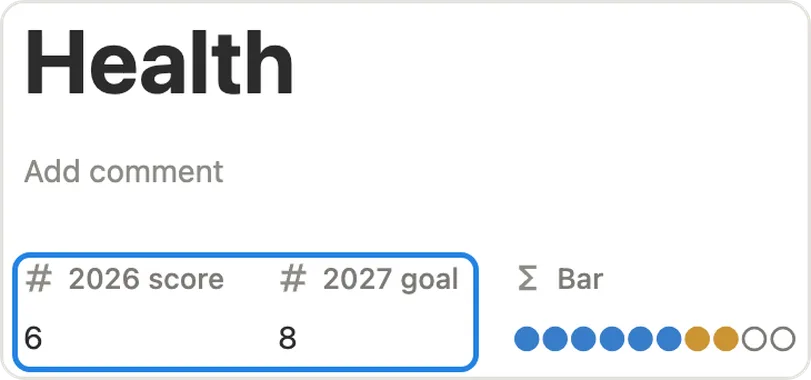 The 2026 score and 2027 goal fields on the Health area page