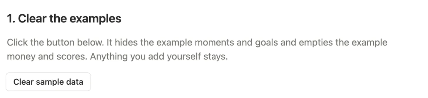 Start here page with the Clear sample data button under the first step