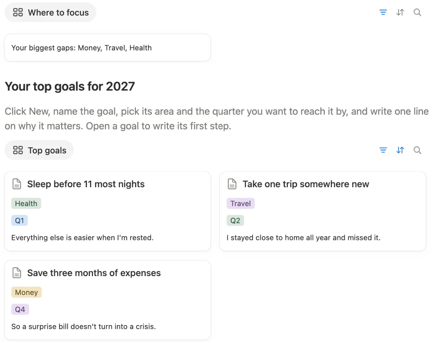 Your top goals for 2027, like Sleep before 11 most nights under Health in Q1