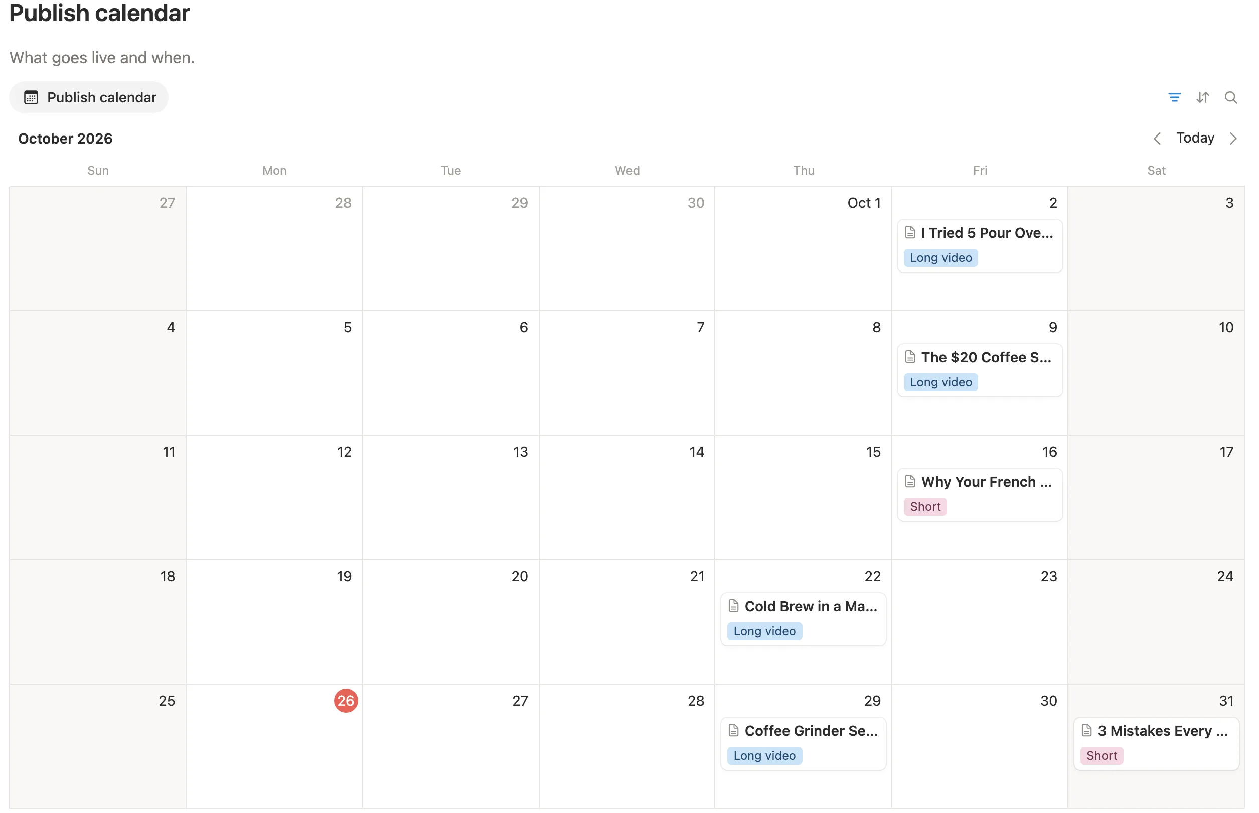 The publish calendar for the month with long videos and Shorts on their days