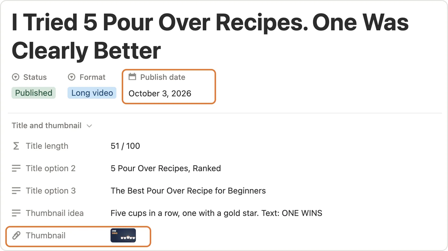 The Publish date and Thumbnail fields marked on a video page