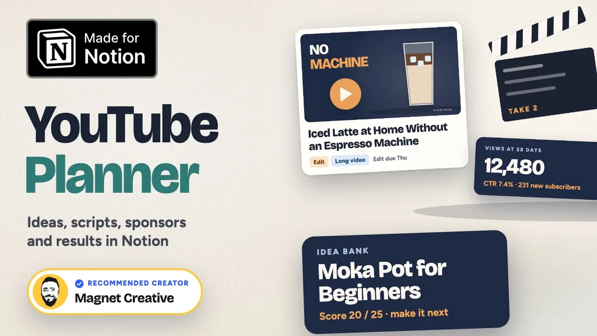 Cover of the 37 second video tour of YouTube Planner for Notion