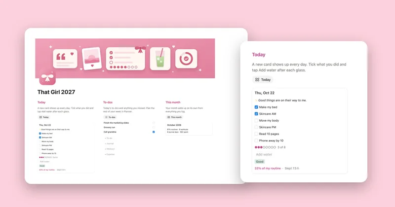 The That Girl 2027 main page with its pink cover, and a Today card with six habits, water and mood