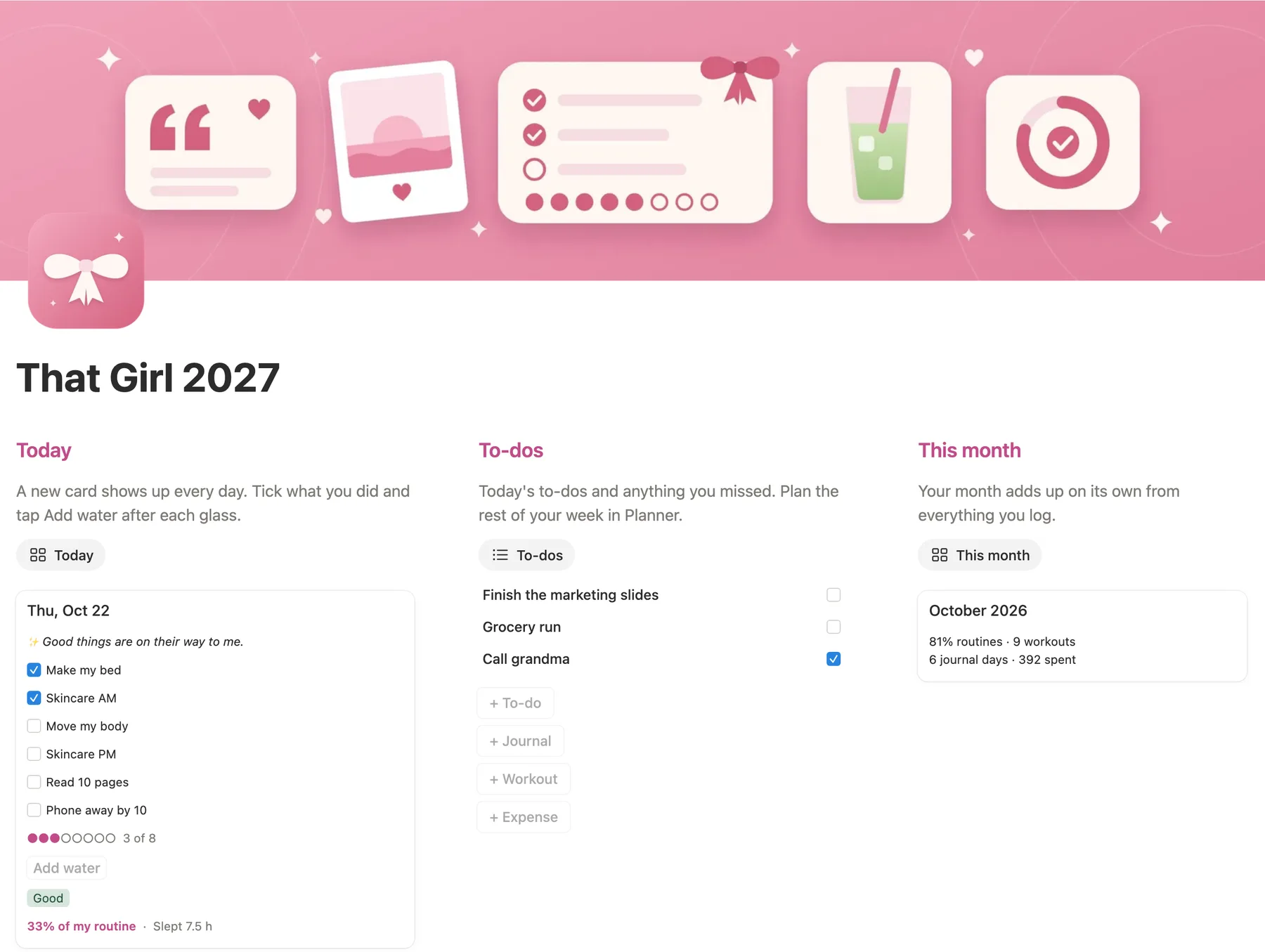 The main page of the That Girl Notion template: a pink cover, a Today card, to-dos and this month