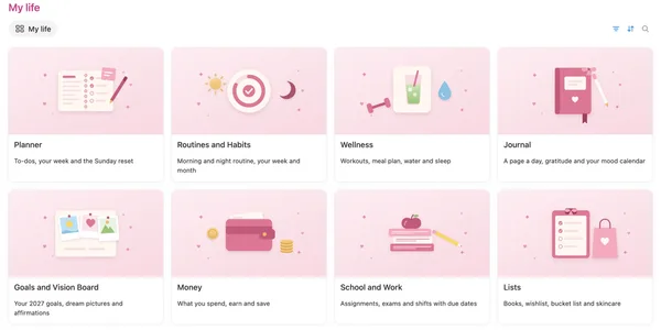 Eight illustrated area cards, from Planner and Wellness to Money and Lists