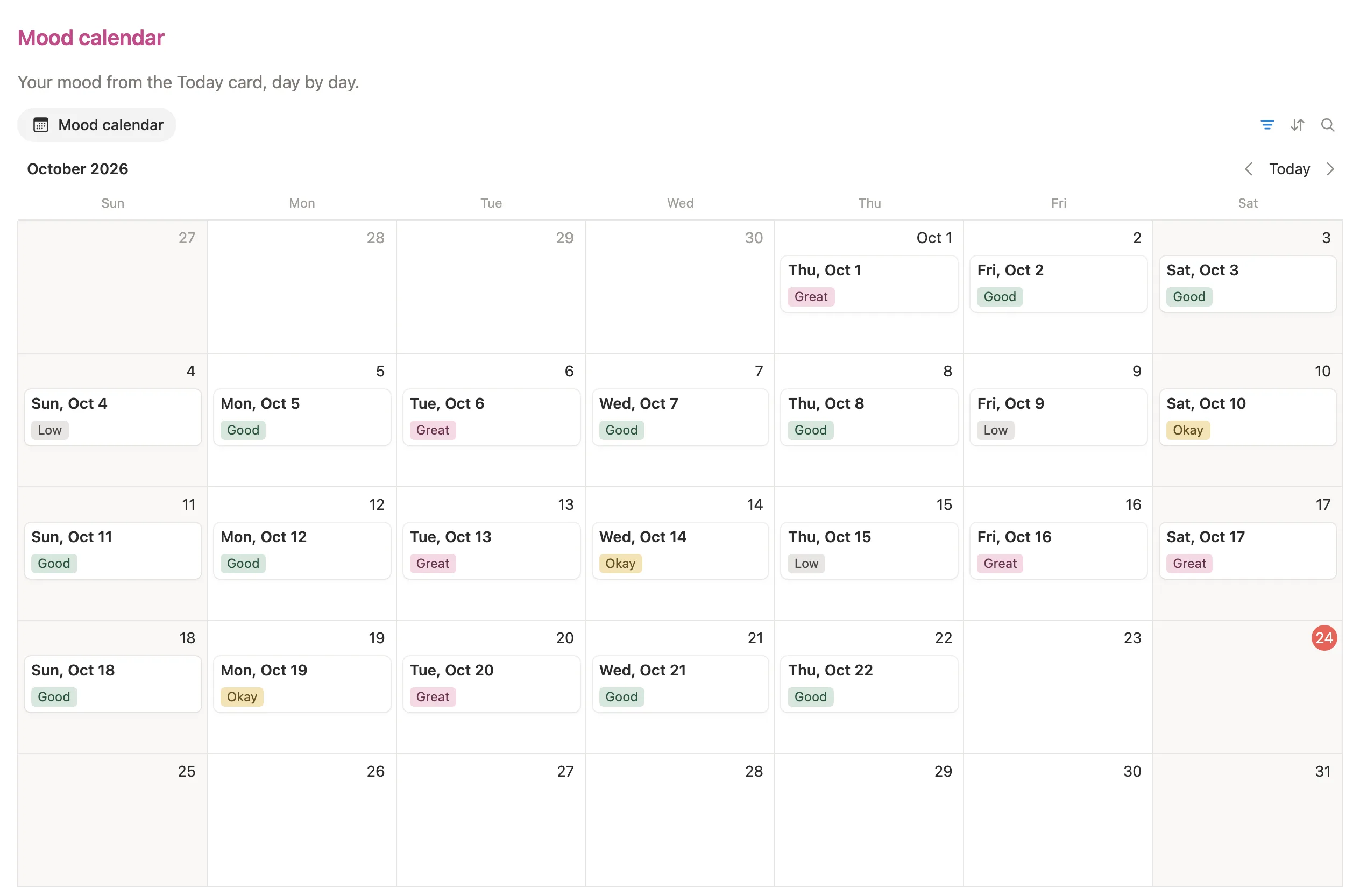 Mood calendar for October 2026 with Great, Good, Okay and Low on each day