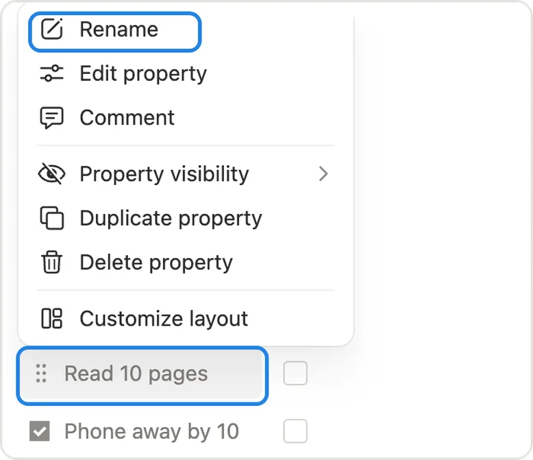The habit menu open on Read 10 pages with Rename at the top