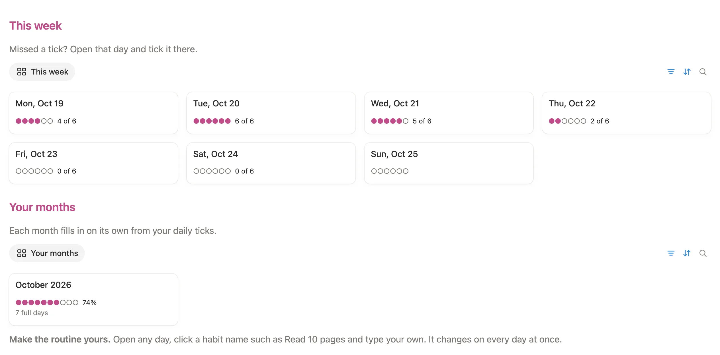 This week’s day cards with habit dots, like Wed, Oct 21 at 5 of 6, and October 2026 at 74% with 7 full days