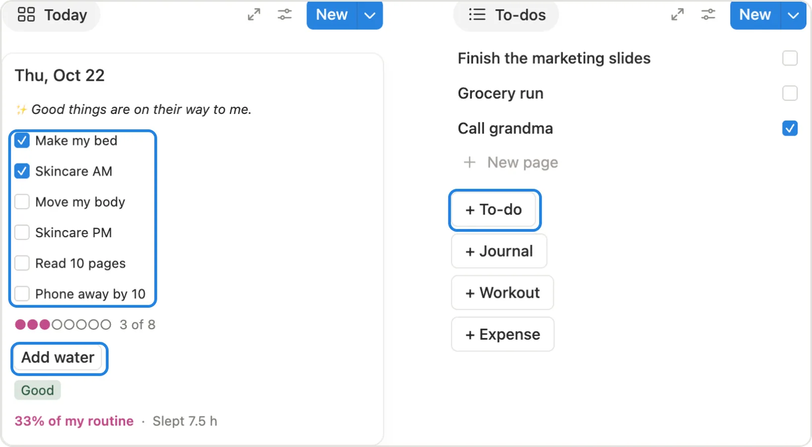 The habit boxes and Add water on the Today card, and the + To-do button