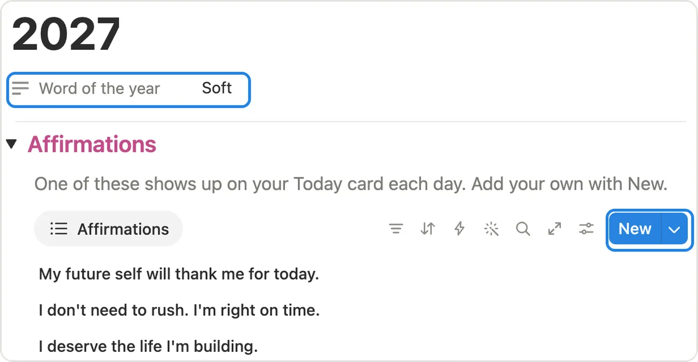 Word of the year set to Soft, and the New button above the affirmations list